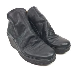 FLY London Womens 11 /42 Yip Black Leather Wedge Ankle Boot Shoe